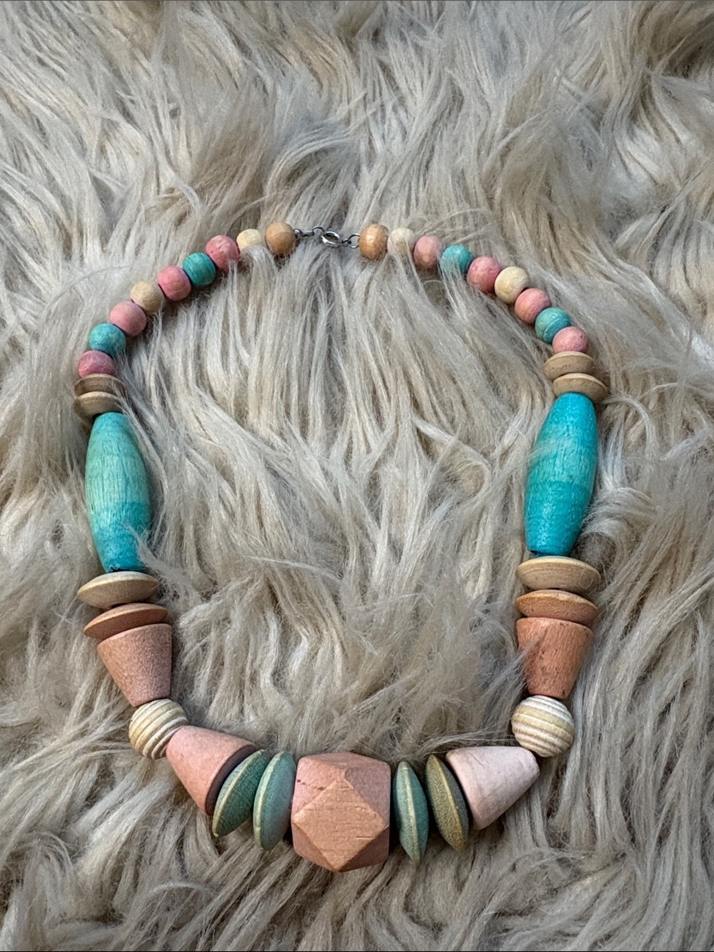 Boho Multicolor Wooden Beaded Necklace - Turquoise & Coral Accents